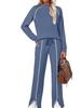 Women's Crew Neck Long Sleeve Stretch Pants and Slit Sweatshirt Set