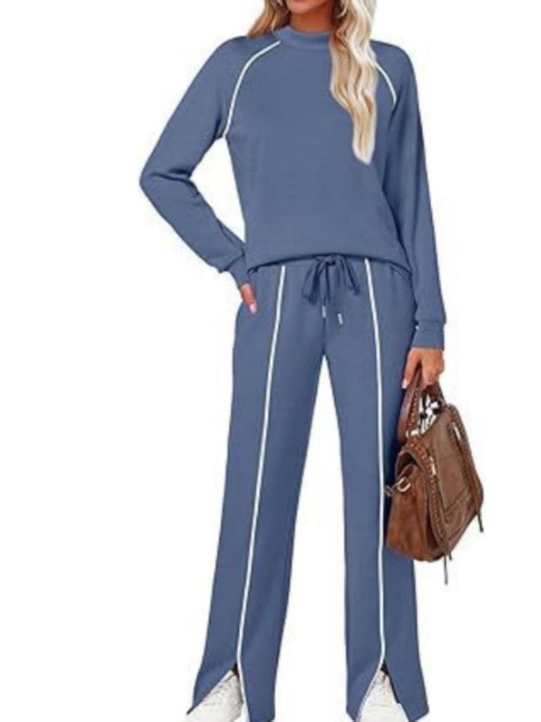 Women's Crew Neck Long Sleeve Stretch Pants and Slit Sweatshirt Set