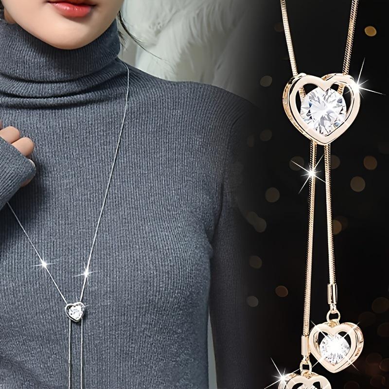 Elegant Crystal Heart Long Necklace Pendant золотой