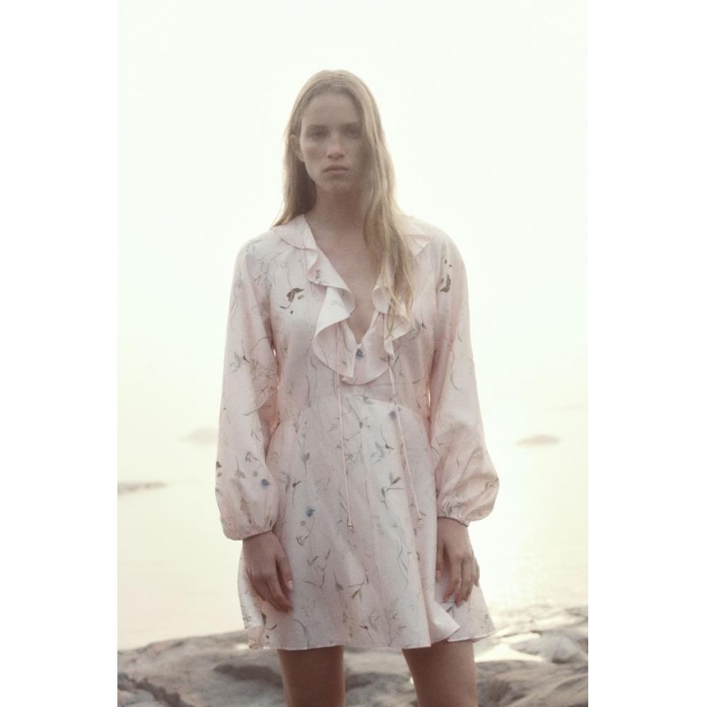 

H M Flounce Detail Dress Powder Pink Floral