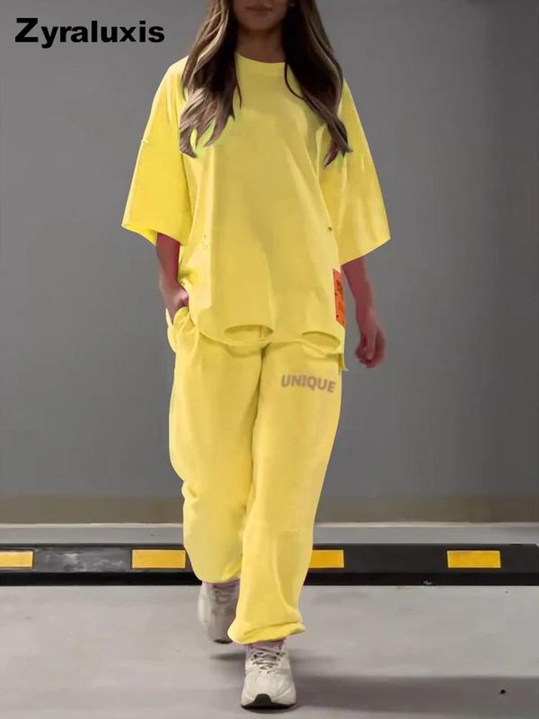 Summer Women's Loose Hollow Crew Neck T-Shirt Top Pants Set Two Piece Outfit