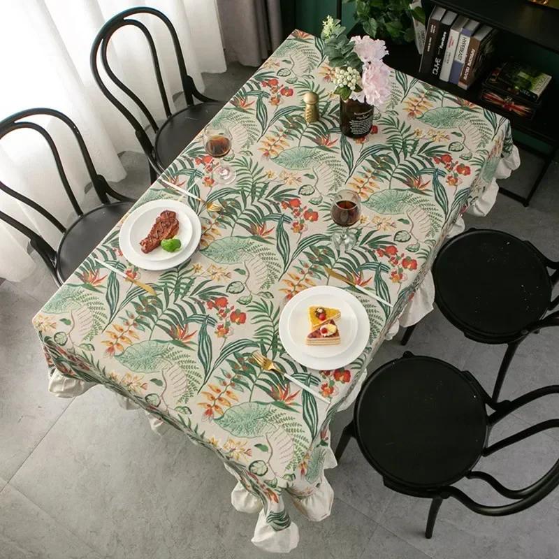 Green Plant Pattern Flounces Tablecloth Rectangular Round Cotton Linen Dustproof Tabletop Cover Restaurant Decorative Tablecloth