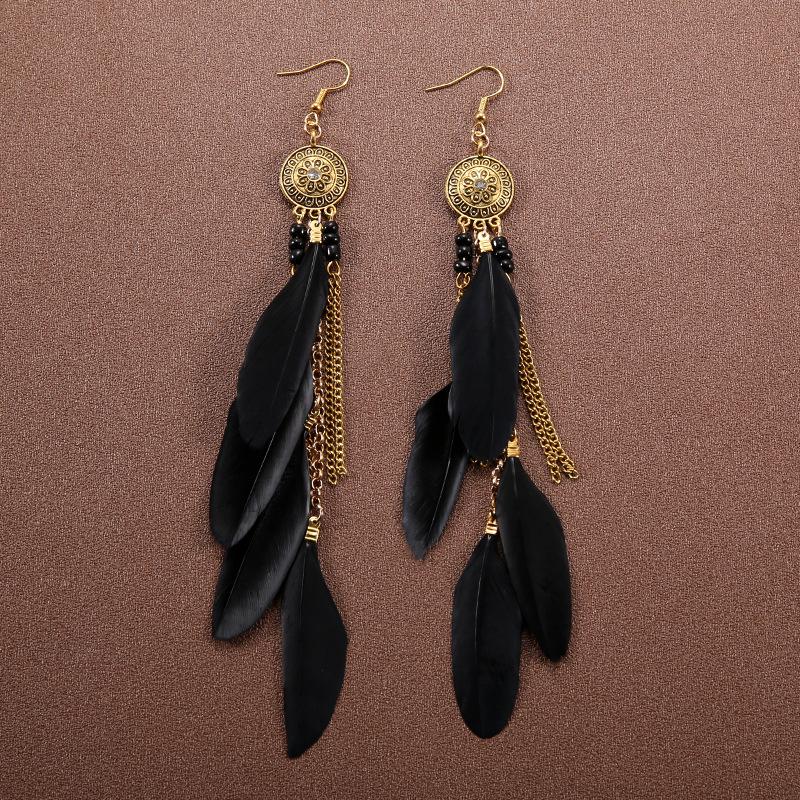 Bohemian Ethnic Long Feather Earrings For Women Retro Elegant Colorful Rhinestone Crystal Drop Earring Female Jewelry Pendientes