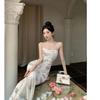 Sexy French Print Suspender Dress Women's Niche Design Chic Slim Mesh Fishtail Dress Beautiful Temperament