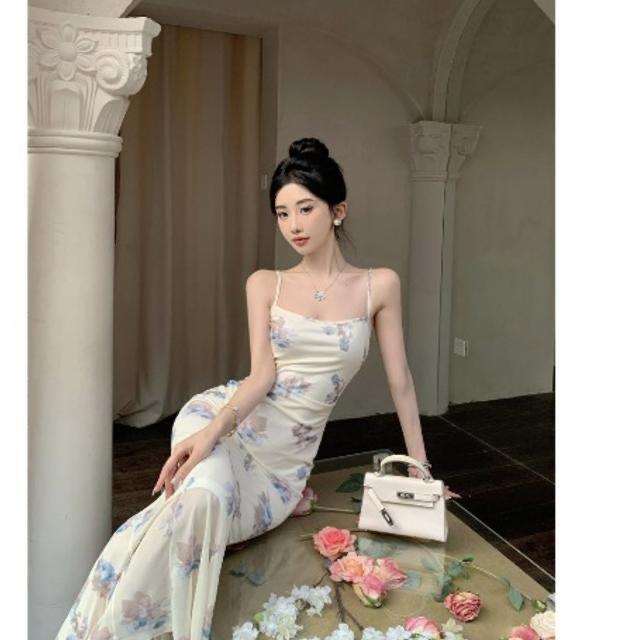 Sexy French Print Suspender Dress Women's Niche Design Chic Slim Mesh Fishtail Dress Beautiful Temperament
