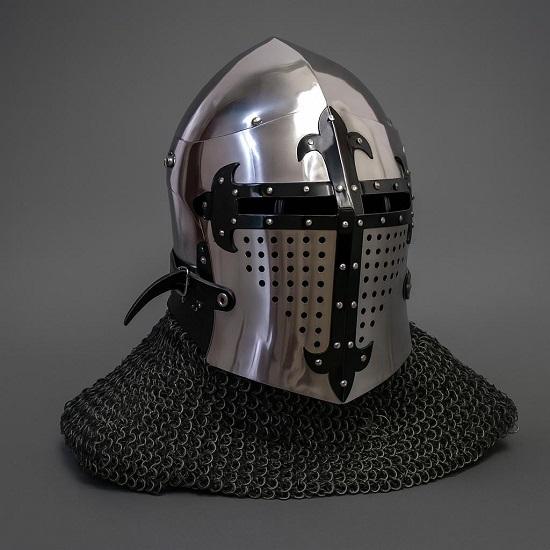 Medieval Templar Crusader Helmet Black Steel Knight SCA Helmet with Chainmail Cosplay Helmet, For Halloween Gift
