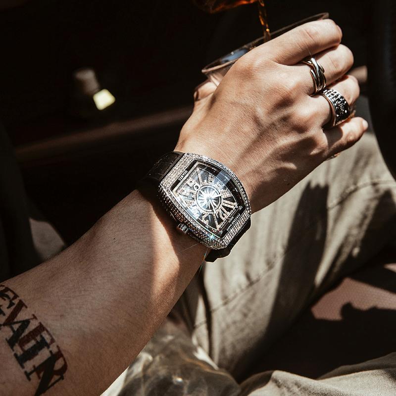 Men Wristwatch Automatic Quartz Clock Male Rhinestone Arabic Numeral Dial Watch