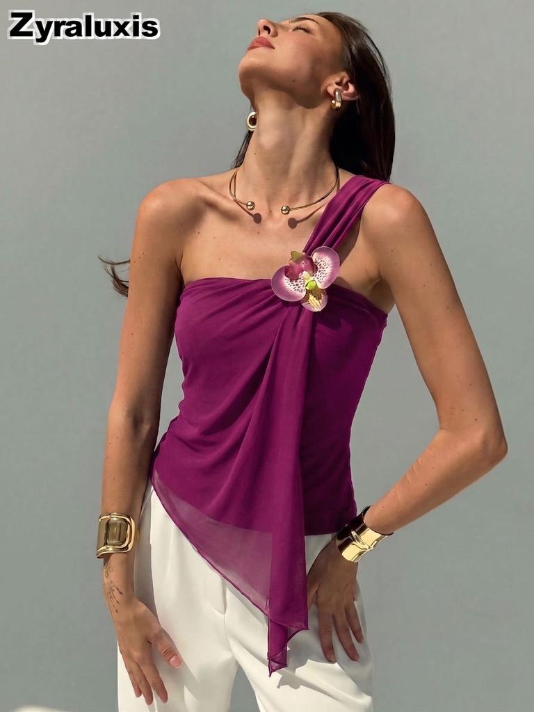 New Mesh Asymmetrical Cutout Vest Top for Women with Floral Decoration