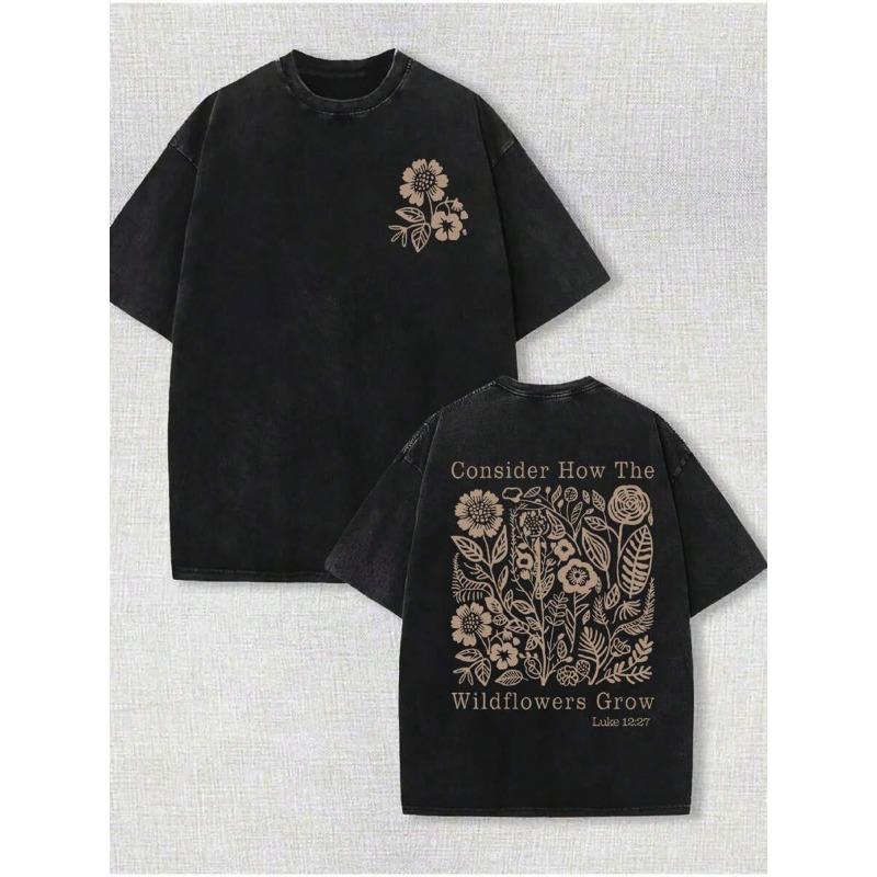 

Men s Washed T-Shirt - Vintage Floral & Geometric Printed Short Sleeve Crew Neck, Four Seasons Casual , Soft Lavender & Golden Vintage Design S чёрный