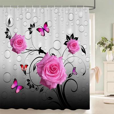 Jy01Rosa Rosen Blumen Und Schmetterlinge Duschvorhang Druck Modern Nordisch Minimalistisch Polyester Heimdekoration Badezimmer Vorhang Mit@1