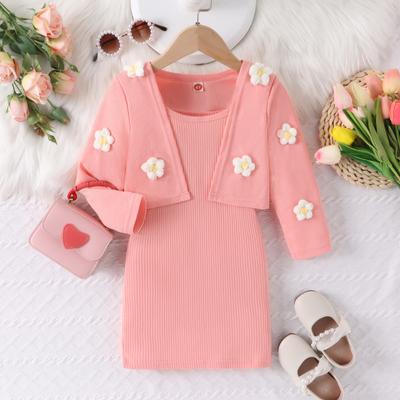 Girls' Fashion Set Spring and Autumn Children's Casual Long-sleeved Floral Coat + Strappy Inner Layer + Two-piece Set