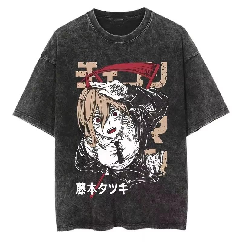 Kettensägenmann Anime Vintage Gewaschenes Baumwoll-T-Shirt Herren Damen Harajuku Kurzarm-Tee Streetwear Unisex Mode