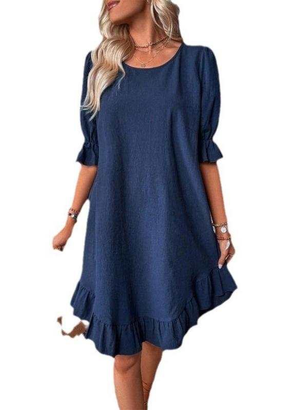 

Женское однотонное свободное платье из хлопка и льна в стиле ретро со средними рукавами и круглым вырезом 2XL темно-синий