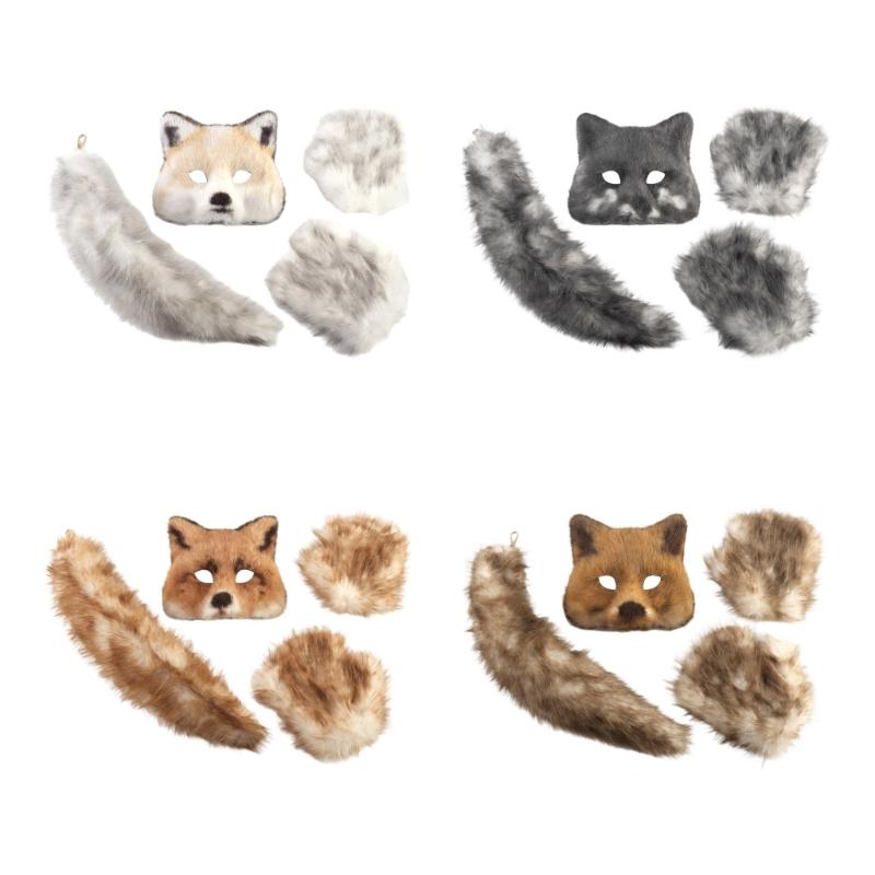 Foxes Costume Foxes Mask Cats Half Face Mask Foxes Tail Animal Fancy Costume Kit Accessories Halloween Cosplay Props