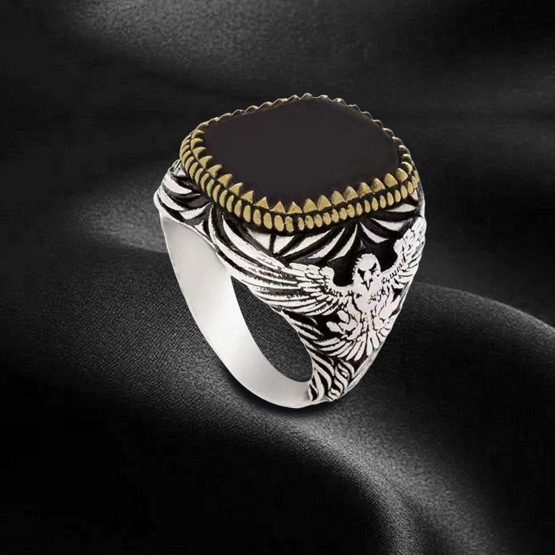 Totem pattern zircon rings Men's punk dark tide cool European and American style rings are popular vintage accessories