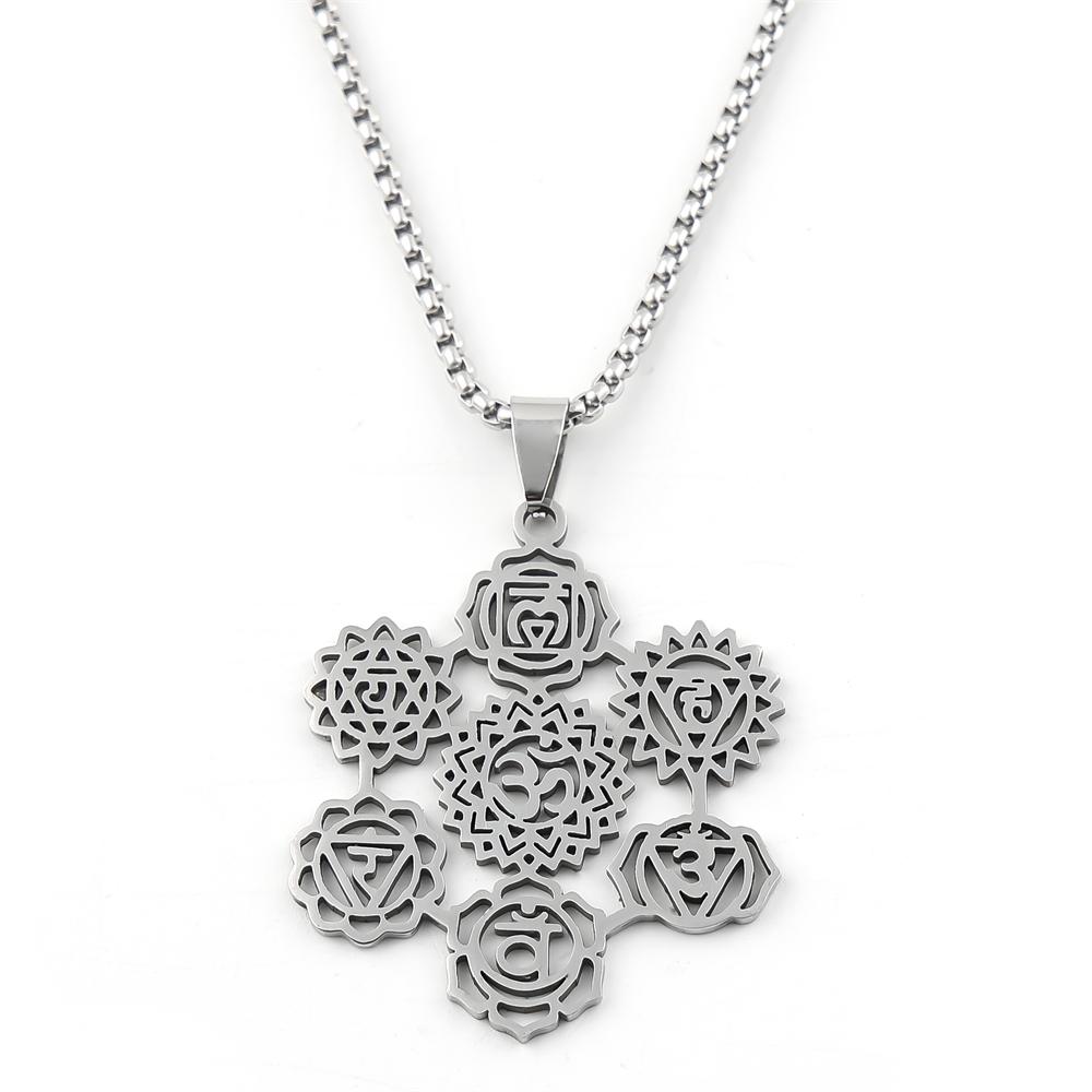 Yoga 7 Chakra Flower Om Aum Symbol Pendant Necklace for Women Men Stainless Steel Gold Color Hindu Reiki Healing Amulet Jewelry