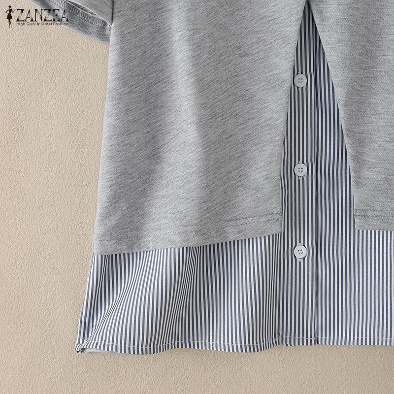 ZANZEA Women Stripe Splice Turn Down Collar Short Sleeve Blouse