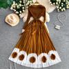 Elegant V-neck Long Sleeve Pleated Dress for Women Orange Red Pearl Trim Belted Waist 3D Flower Hem Midi Dresses Women