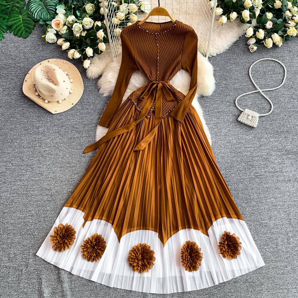 Elegant V-neck Long Sleeve Pleated Dress for Women Orange Red Pearl Trim Belted Waist 3D Flower Hem Midi Dresses Women