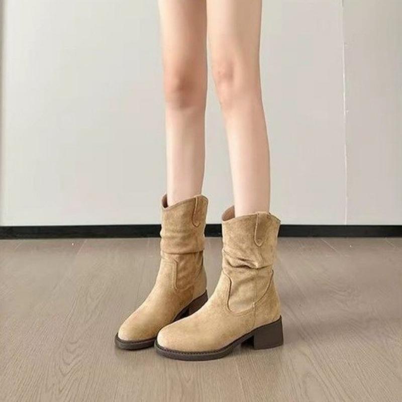 

New Maillard Fashion Boots Autumn Vintage Suede Martin Boots Small Skinny Pleated Pile Boots 40 хаки