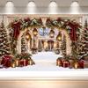 Elegant Christmas Arch Backdrop Snowy Courtyard Red Bow Garland Lanterns Holiday Photography Background for Party Decor