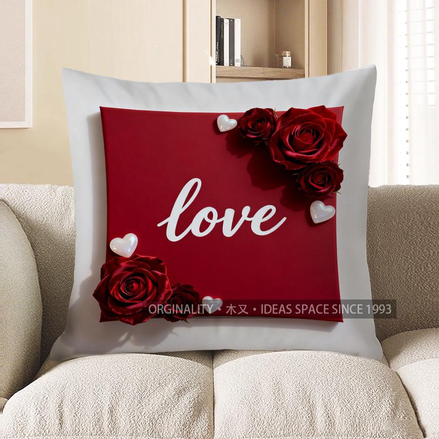 2D Red Roses & Love Heart Pattern Pillow Cover Pattern Cushion Cover Suitable For Sofa Bedroom Car Pillow Cover