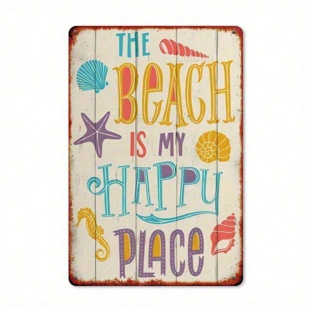 Vintage Tin Sign The Beach Is My Happy Place Coastal Retro Wall Art Bar Kitchen Decor