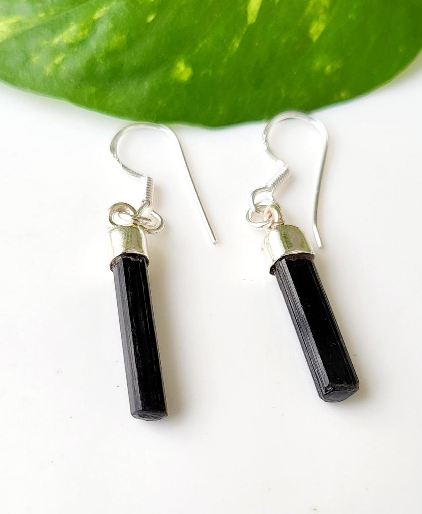 Natural Raw Black Tourmaline Gemstone 925 Sterling Silver Earring, Gift Earring