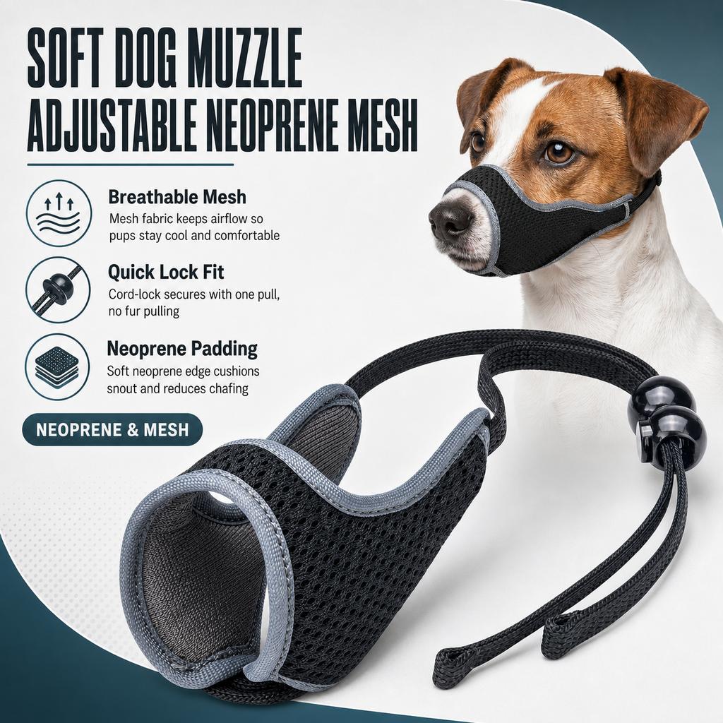 Soft Neoprene Mesh Dog Muzzle for Small Breeds, Adjustable Breathable Anti-Bite Cover with Quick-Lock Cord