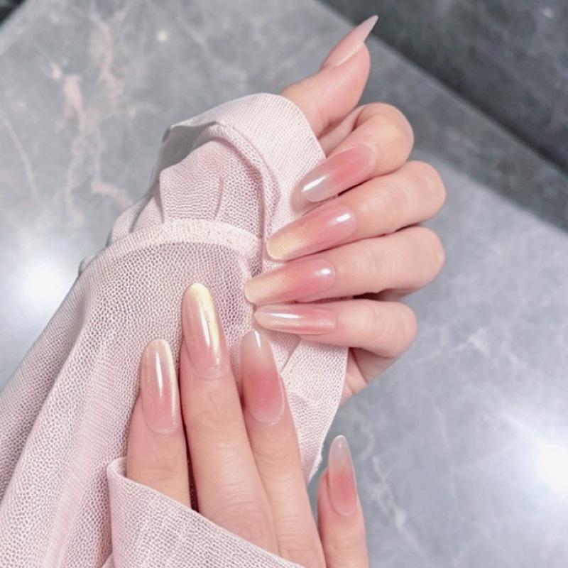 Peach Gradient Cat Eye Nails - Champagne Gold Sand False Nails