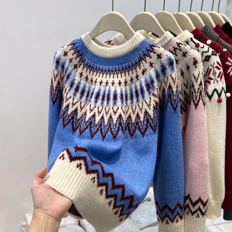 Vintage Crew Neck Jacquard Lazy Wind Bottom Top Women's Winter Fair Island Sweater Age Reducing Thickened Knitted Sweater
