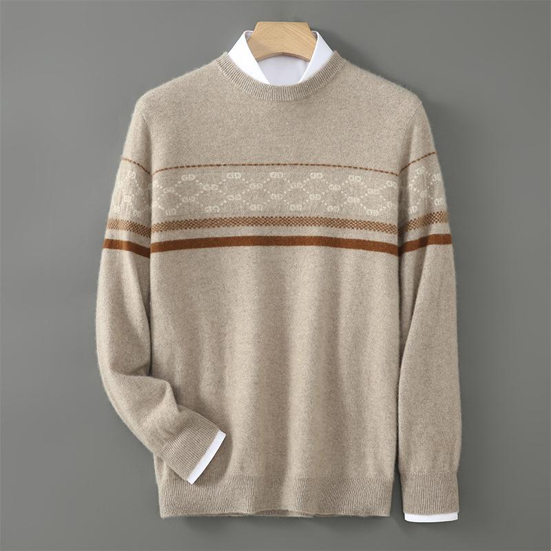 Men's Color Block Wool Pullover - Warm, Thickened Round Neck Knitwear for Autumn/Winter 2025