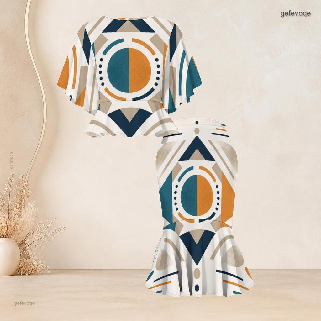 Women Plus Size Navy Golden Printed Round Neck Batwing Sleeve Ruffle Hem Top Fishtail Skirt Two Piece Set