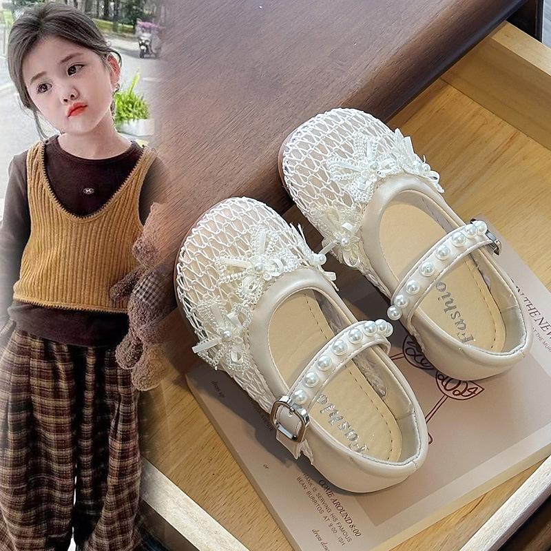 Girls' Solid Color Mesh Sandals2026New Spring and Summer Pearl Flower Bow Princess Shoes for Performances