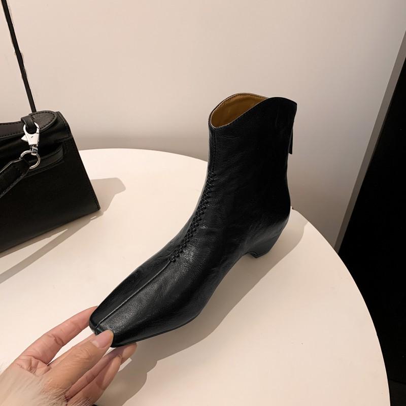 3.5CM Minimalist Elegant Ankle Boots Women Square Toe Chunky Heel Back Zip Short
