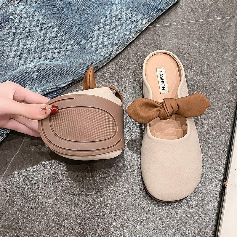 French bag head half slippers outer wear women's 2024 spring and summer bow flat bottom non-slip one pedal casual slippers