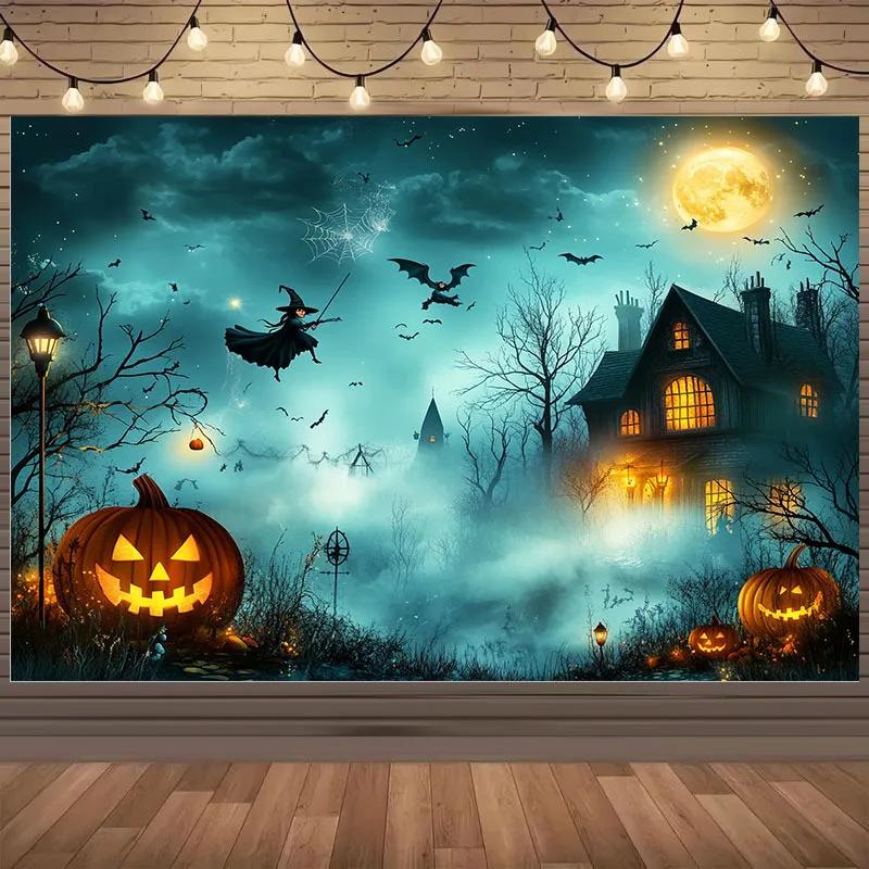 2D plane 1 magical haunted house scene featuring witches bats pumpkin lanterns and a full moon