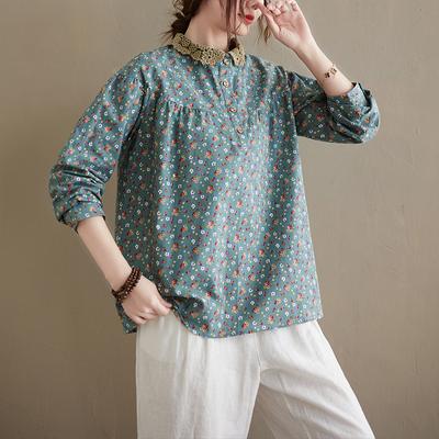 Höstkonst retro lös blommig bomull linne långärmad skjorta topp för kvinnor Blusar & Skjortor