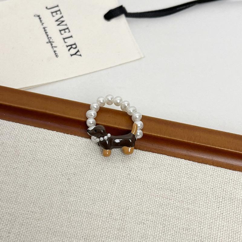 Korean Dachshund Pearl Ring: Cute, Niche Design, Versatile Childlike Finger Accessory
