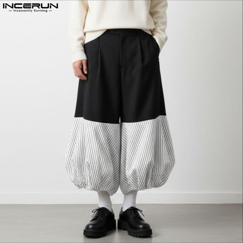 INCERUN Men Zip-up Waist Casual Striped Long Baggy Lantern Pants Trousers