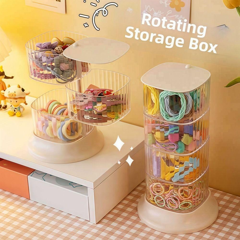 4-Layer Hair Accessory Organizer Transparent Dust-proof Powder Puff Box Rotating Cosmetic Storage Rack Girls' Jewelry Storage