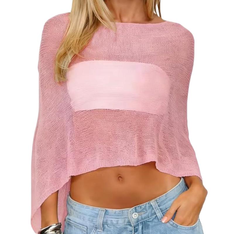 Leichter durchsichtiger Strickschal für Damen - Häkel-Netz Fledermausärmel Pullover Überwurf Strand Wickeltuch