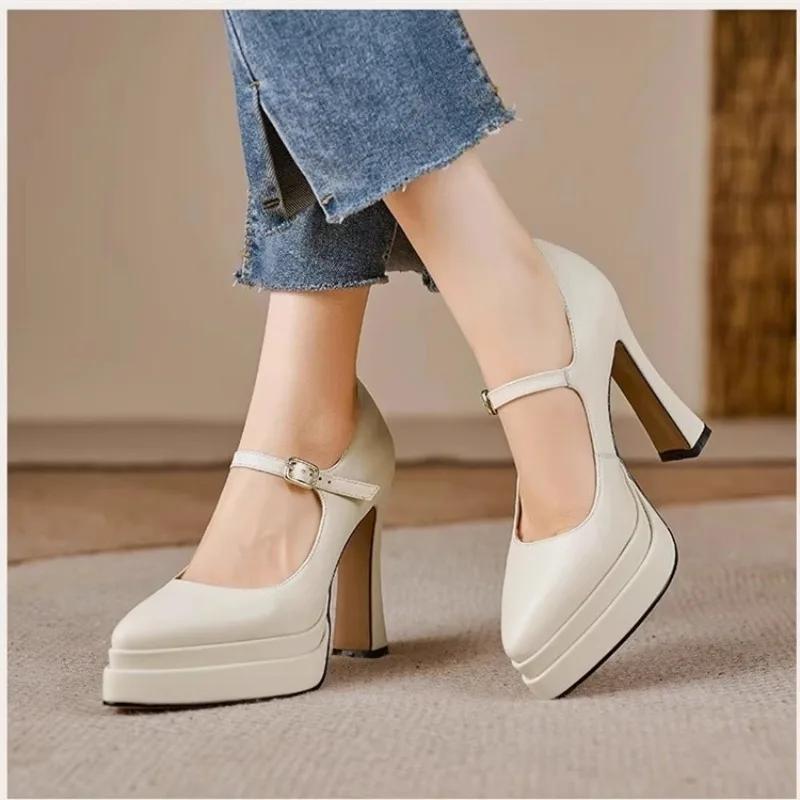 Beautiful French Niche Platform One Word Mary Jane Shoes Temperament Block Heel High Heels Women