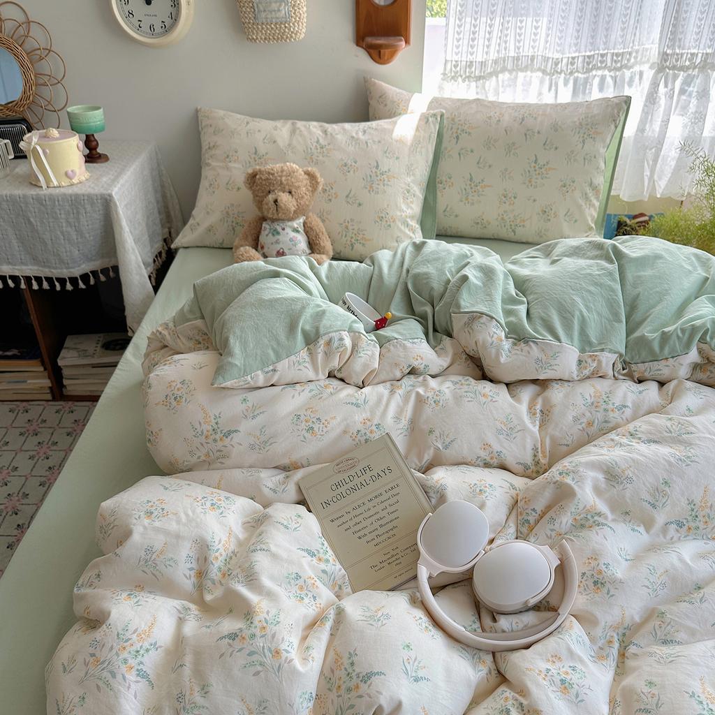 Class A Mother and Baby Grade Pure Washed Cotton Four-piece Set Ins Small Fresh Bed Sheet Quilt Cover Student Dormitory Style Bedding Set