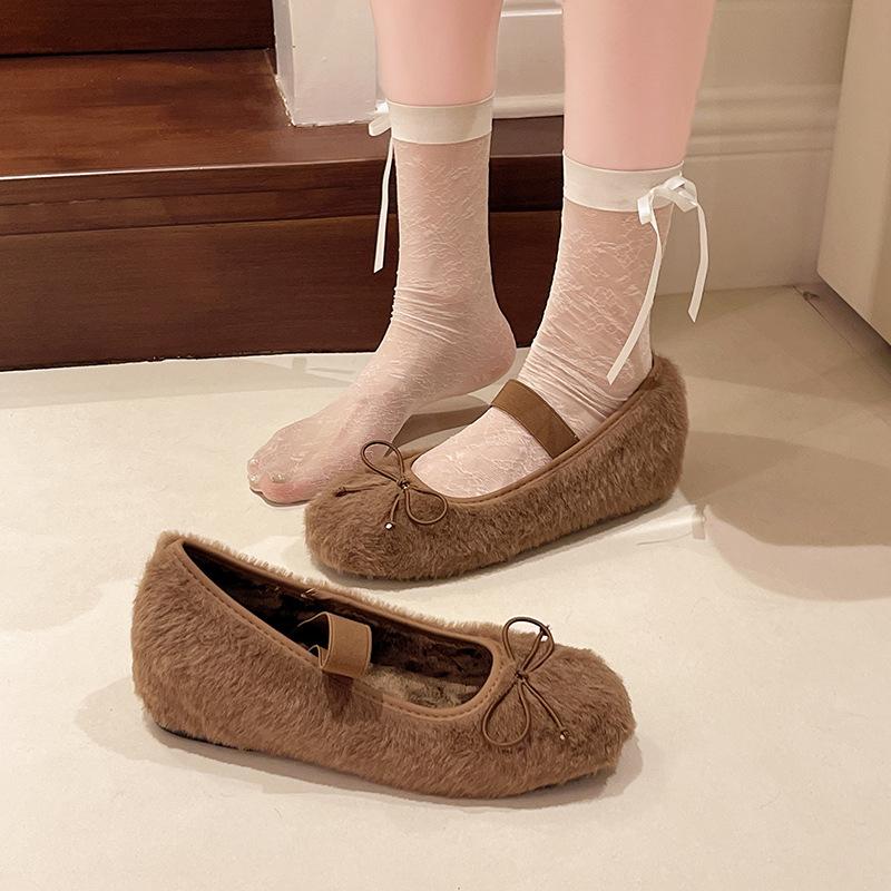 Small Man Inner Height Increase 5cm French Ballet Fluffy Shoes Women Wear Velvet Gentle Mary Jane Single Shoes In Winter