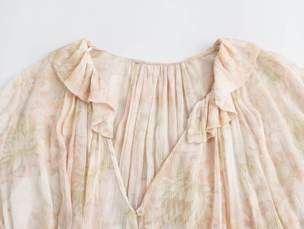Spring Women's V-Neck Ruffle Print Chiffon Blouse with Long Sleeves