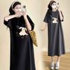 Black Lazy Wind T-Shirt Long Dress Women's Summer Korean Edition Loose Skinny Short Sleeve Loose Casual Cartoon Printed Dress