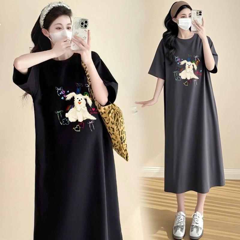 Black Lazy Wind T-Shirt Long Dress Women's Summer Korean Edition Loose Skinny Short Sleeve Loose Casual Cartoon Printed Dress