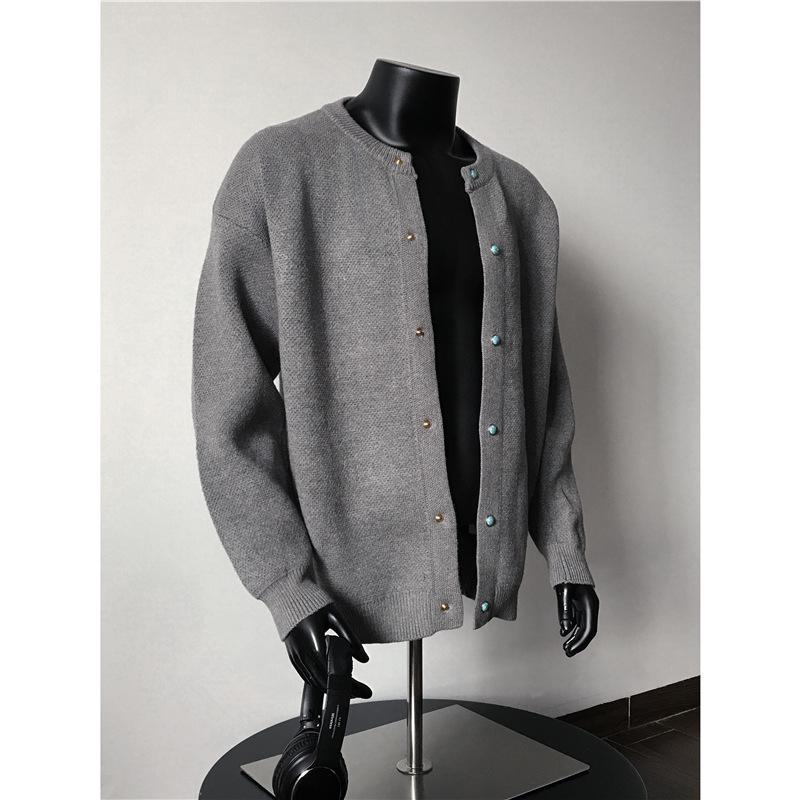 QAGO Turquoise Color Block Button Cardigan Sweater for Men - Autumn American Old Money Style Knitwear