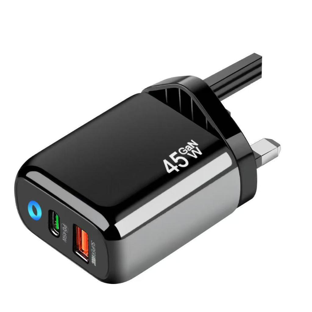Dual-Port PD45W GaN Fast Charger with International Compatibility and LED Indicator